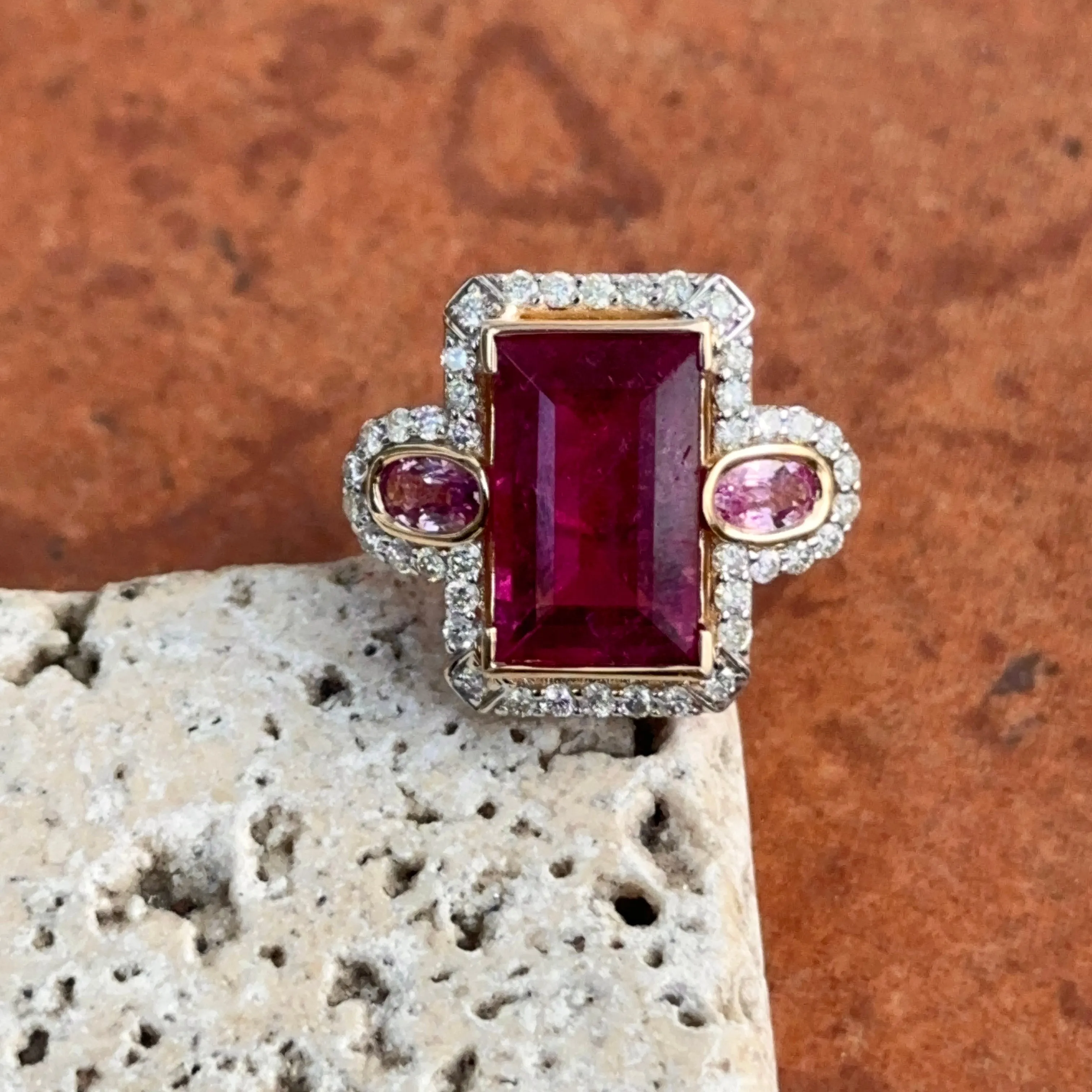 Estate 14KT Yellow Gold Rubelite Tourmaline   Diamond Halo Ring