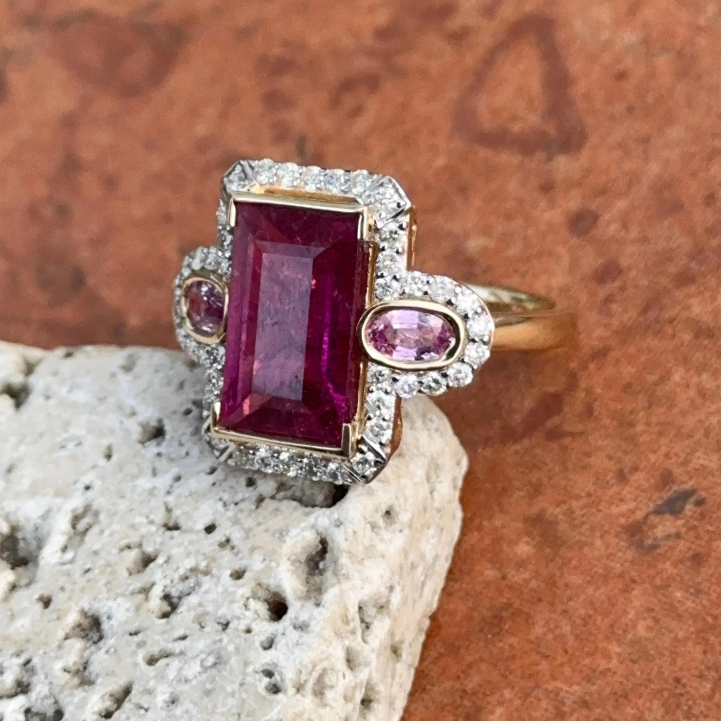 Estate 14KT Yellow Gold Rubelite Tourmaline   Diamond Halo Ring