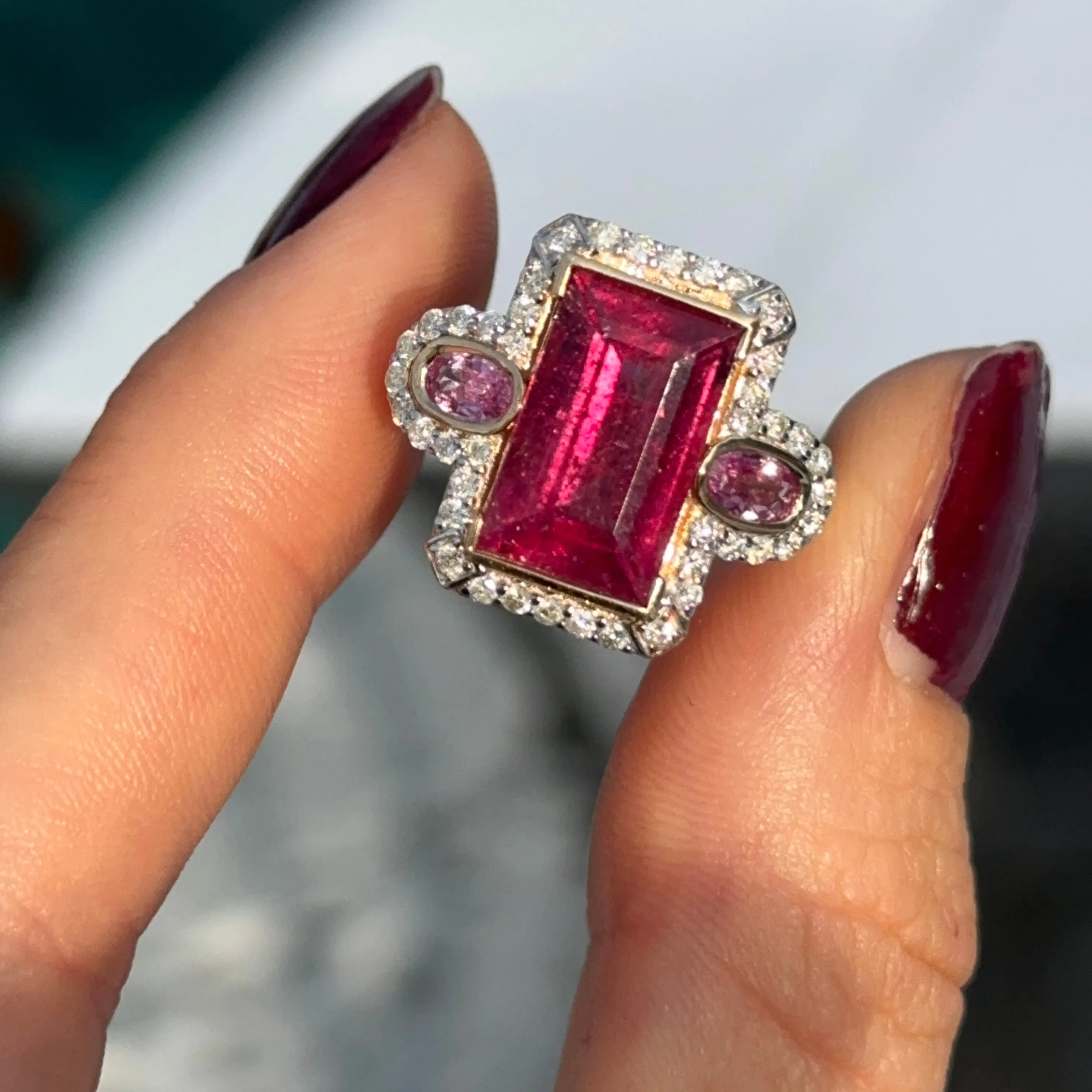 Estate 14KT Yellow Gold Rubelite Tourmaline   Diamond Halo Ring