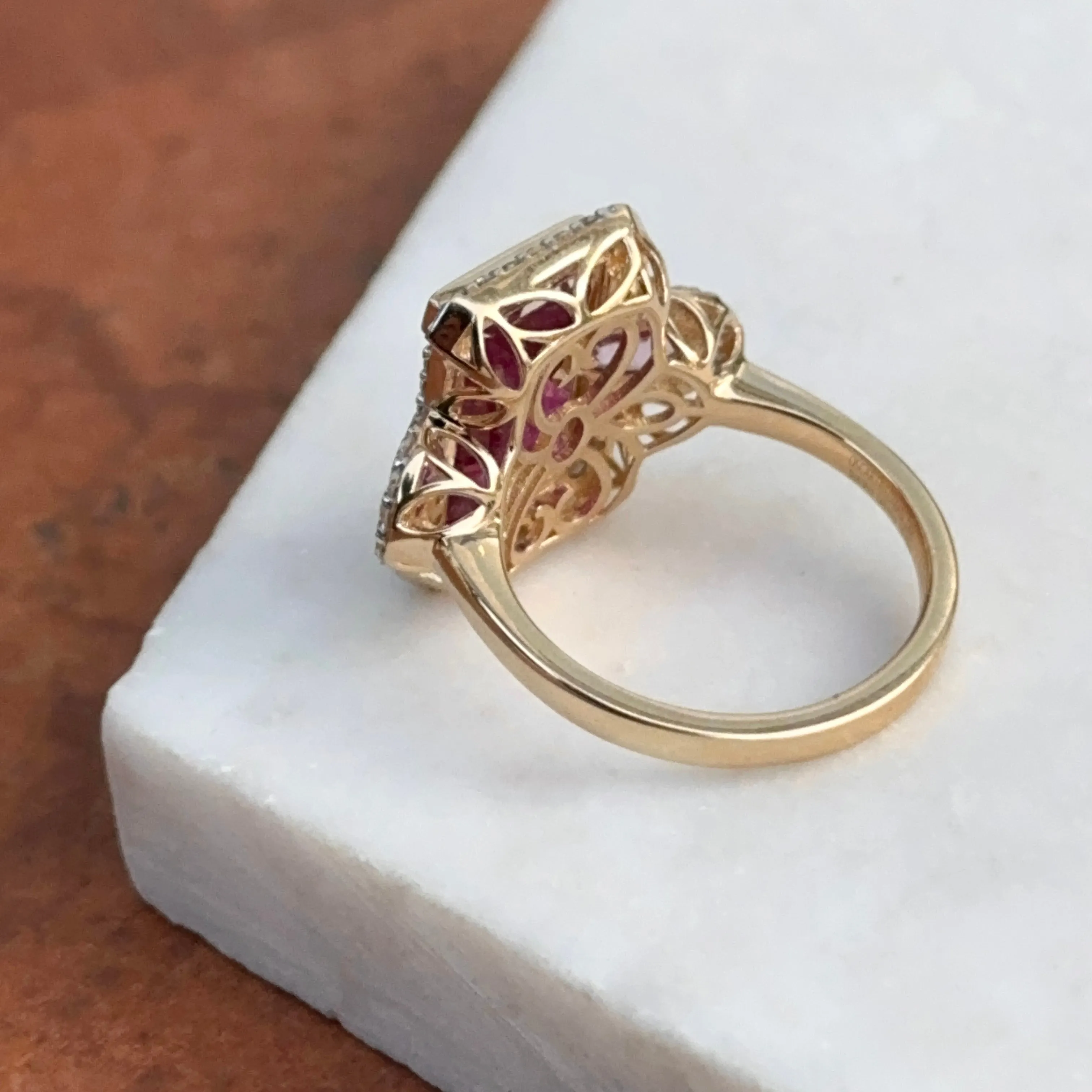 Estate 14KT Yellow Gold Rubelite Tourmaline   Diamond Halo Ring