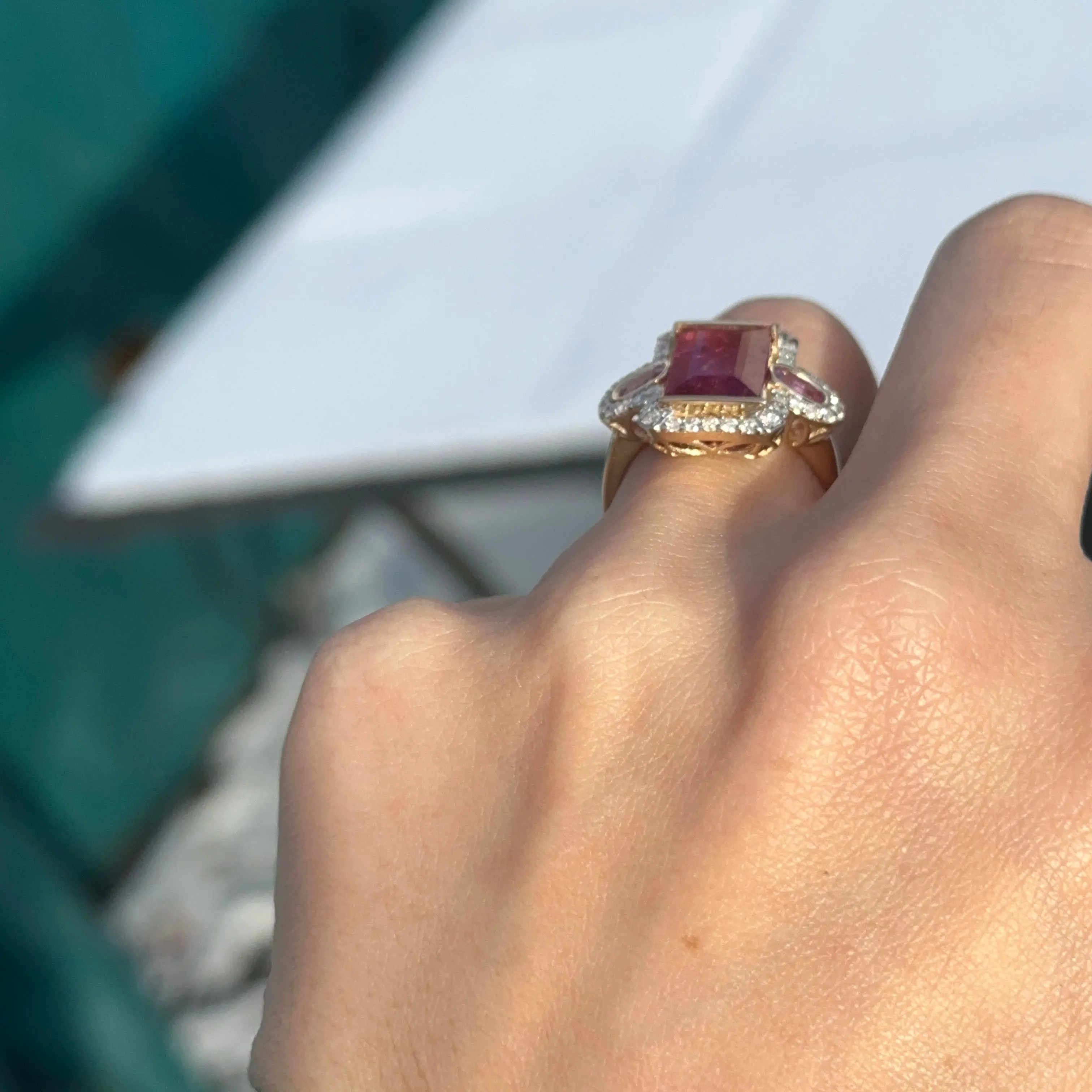 Estate 14KT Yellow Gold Rubelite Tourmaline   Diamond Halo Ring