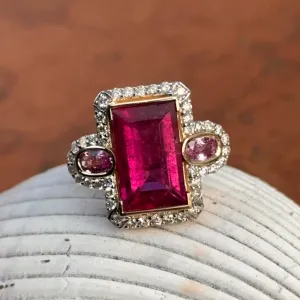 Estate 14KT Yellow Gold Rubelite Tourmaline   Diamond Halo Ring