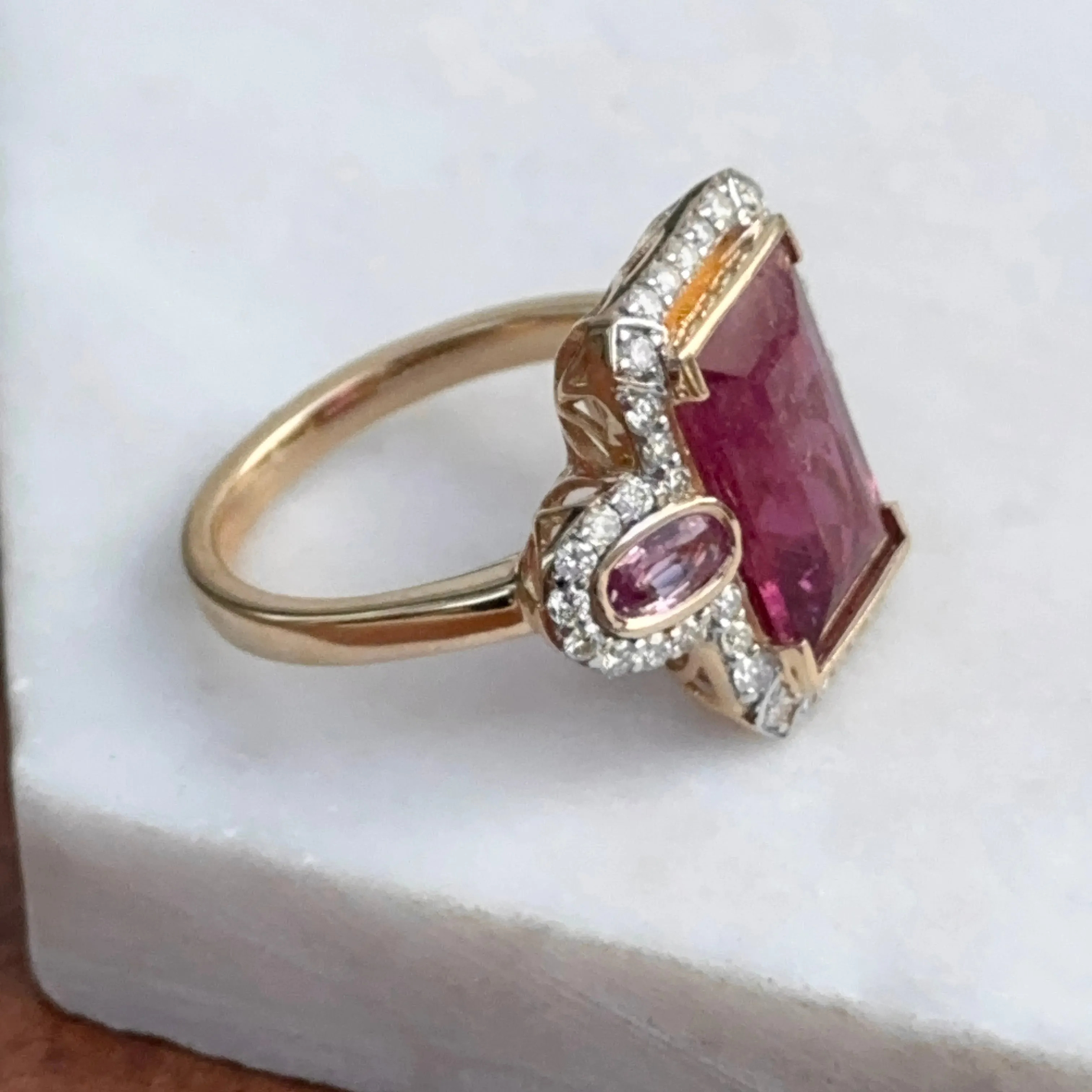 Estate 14KT Yellow Gold Rubelite Tourmaline   Diamond Halo Ring