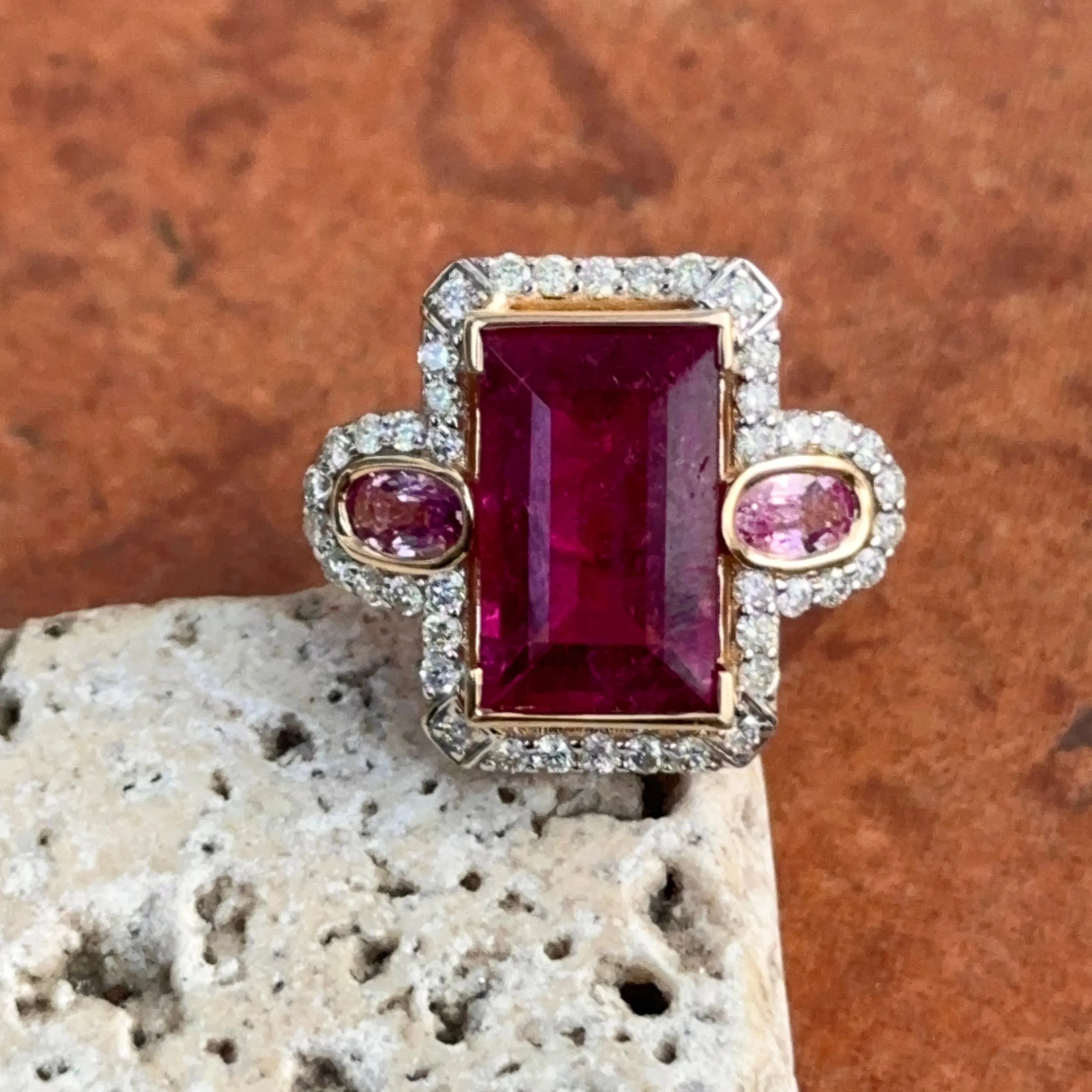 Estate 14KT Yellow Gold Rubelite Tourmaline   Diamond Halo Ring