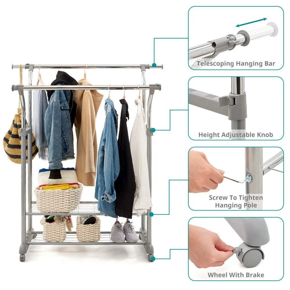 EZOWare Heavy Duty Clothes Rack, Dual Bar Commercial Grade Garment Coat Clothes Closet Organizer Hanging Rack with 2-Tier Bottom Shelves for Balcony, Boutiques Bedroom - Chrome Finish