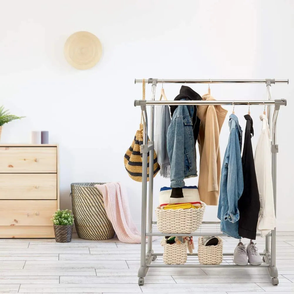 EZOWare Heavy Duty Clothes Rack, Dual Bar Commercial Grade Garment Coat Clothes Closet Organizer Hanging Rack with 2-Tier Bottom Shelves for Balcony, Boutiques Bedroom - Chrome Finish