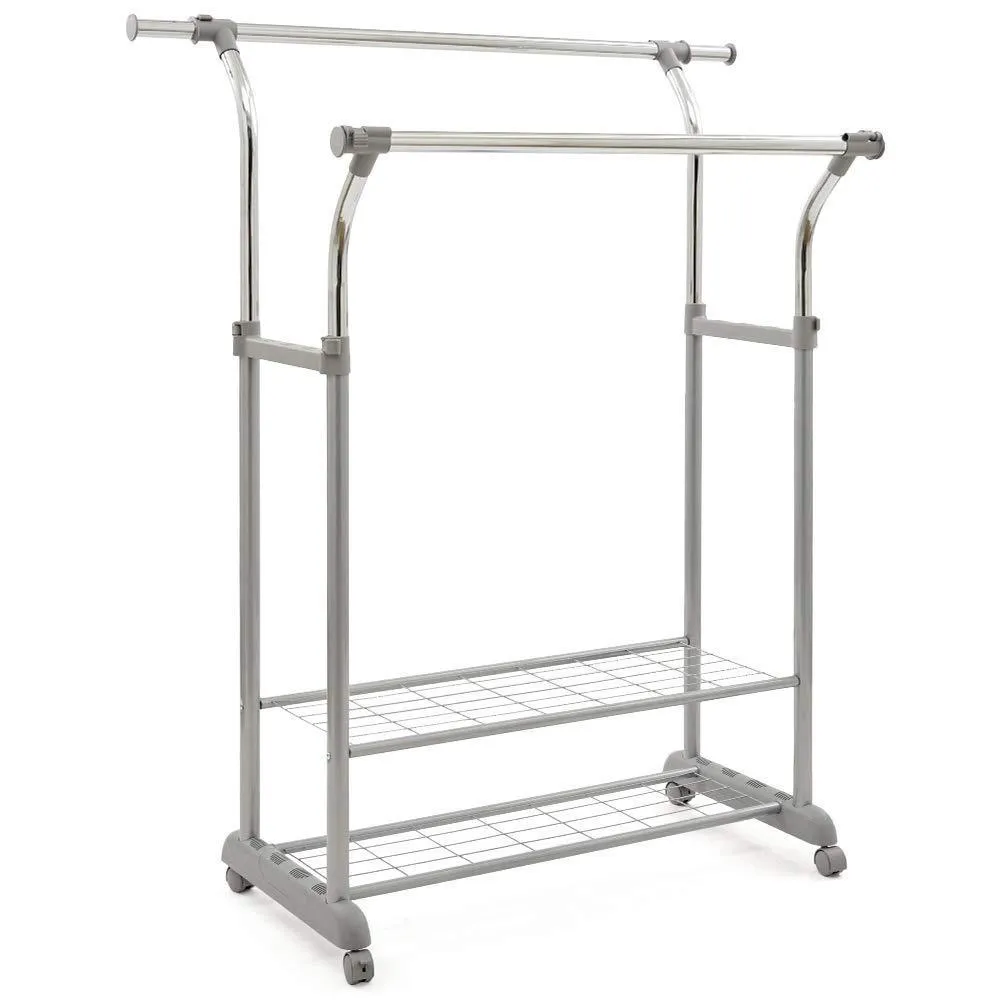 EZOWare Heavy Duty Clothes Rack, Dual Bar Commercial Grade Garment Coat Clothes Closet Organizer Hanging Rack with 2-Tier Bottom Shelves for Balcony, Boutiques Bedroom - Chrome Finish