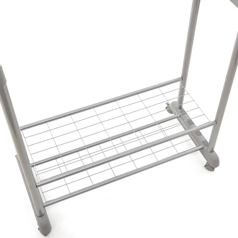 EZOWare Heavy Duty Clothes Rack, Dual Bar Commercial Grade Garment Coat Clothes Closet Organizer Hanging Rack with 2-Tier Bottom Shelves for Balcony, Boutiques Bedroom - Chrome Finish