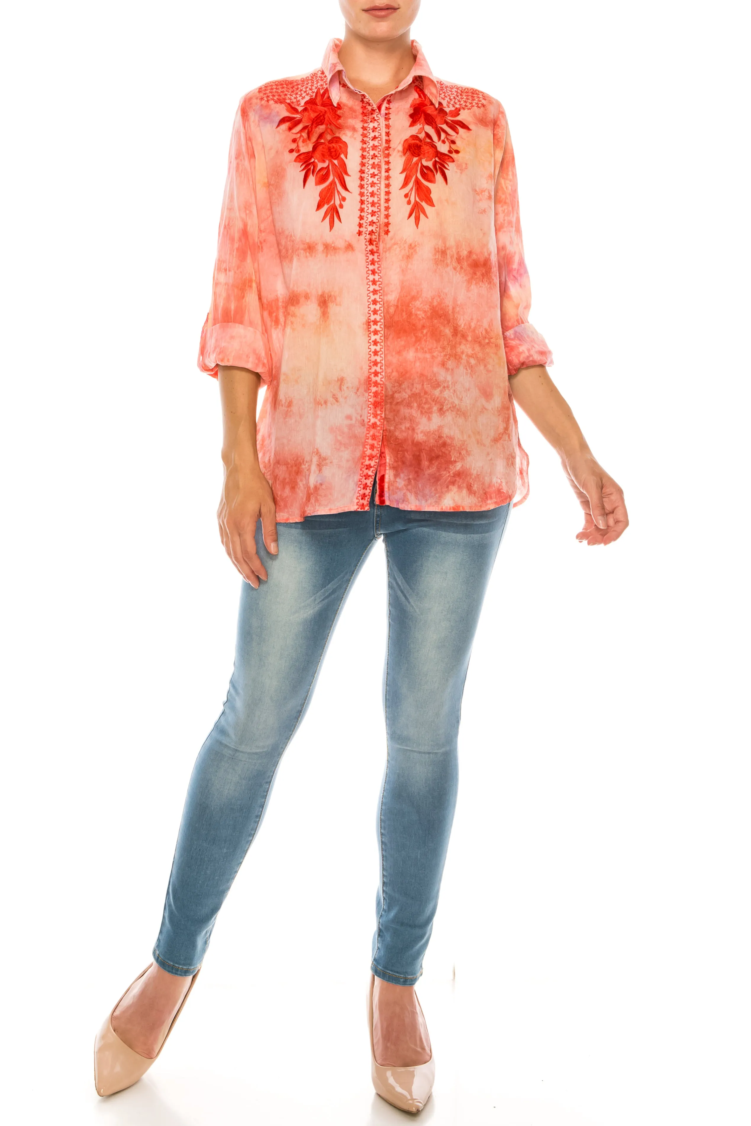 Floral Printed Button-Down Shirt with Colorful Embroidery