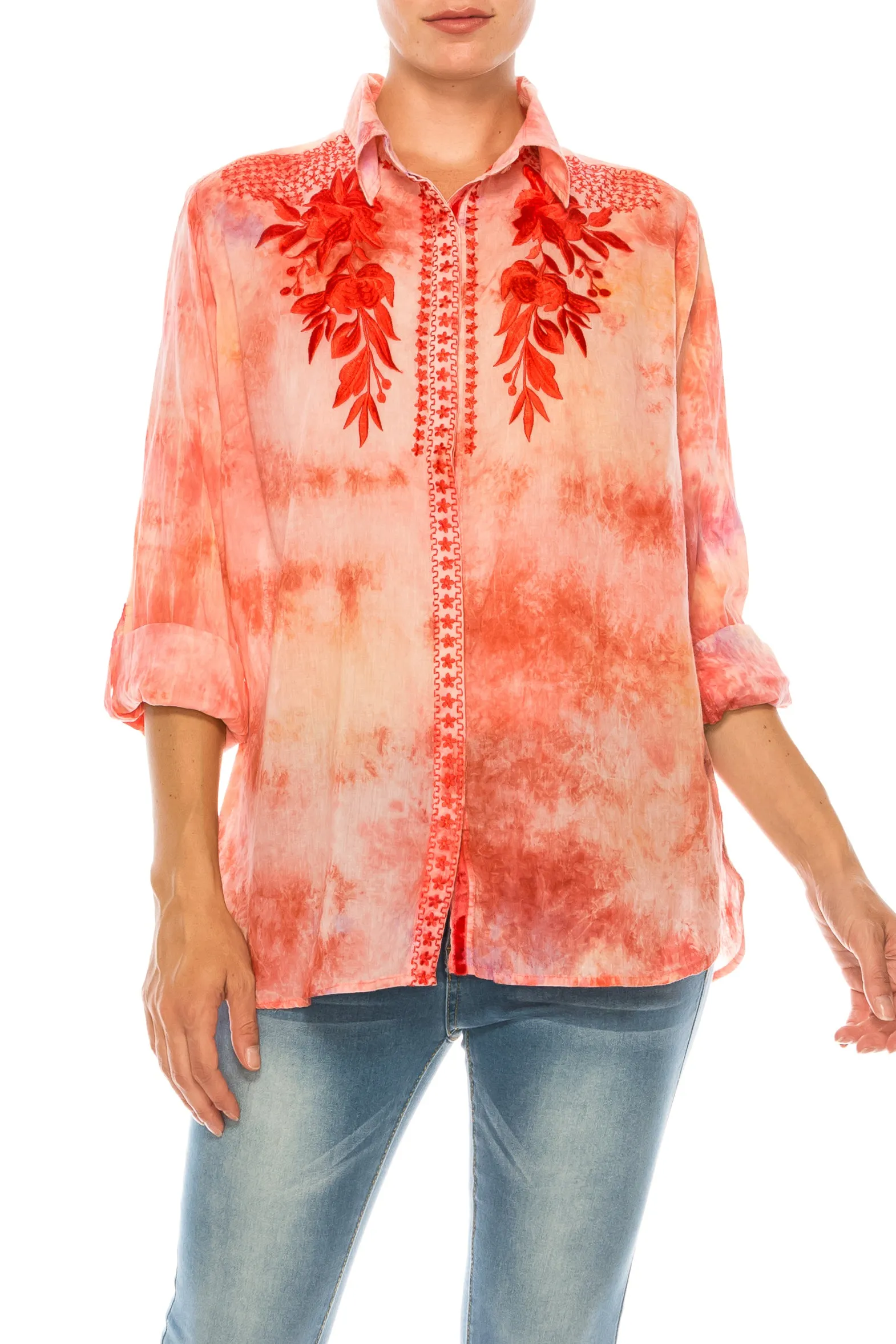 Floral Printed Button-Down Shirt with Colorful Embroidery