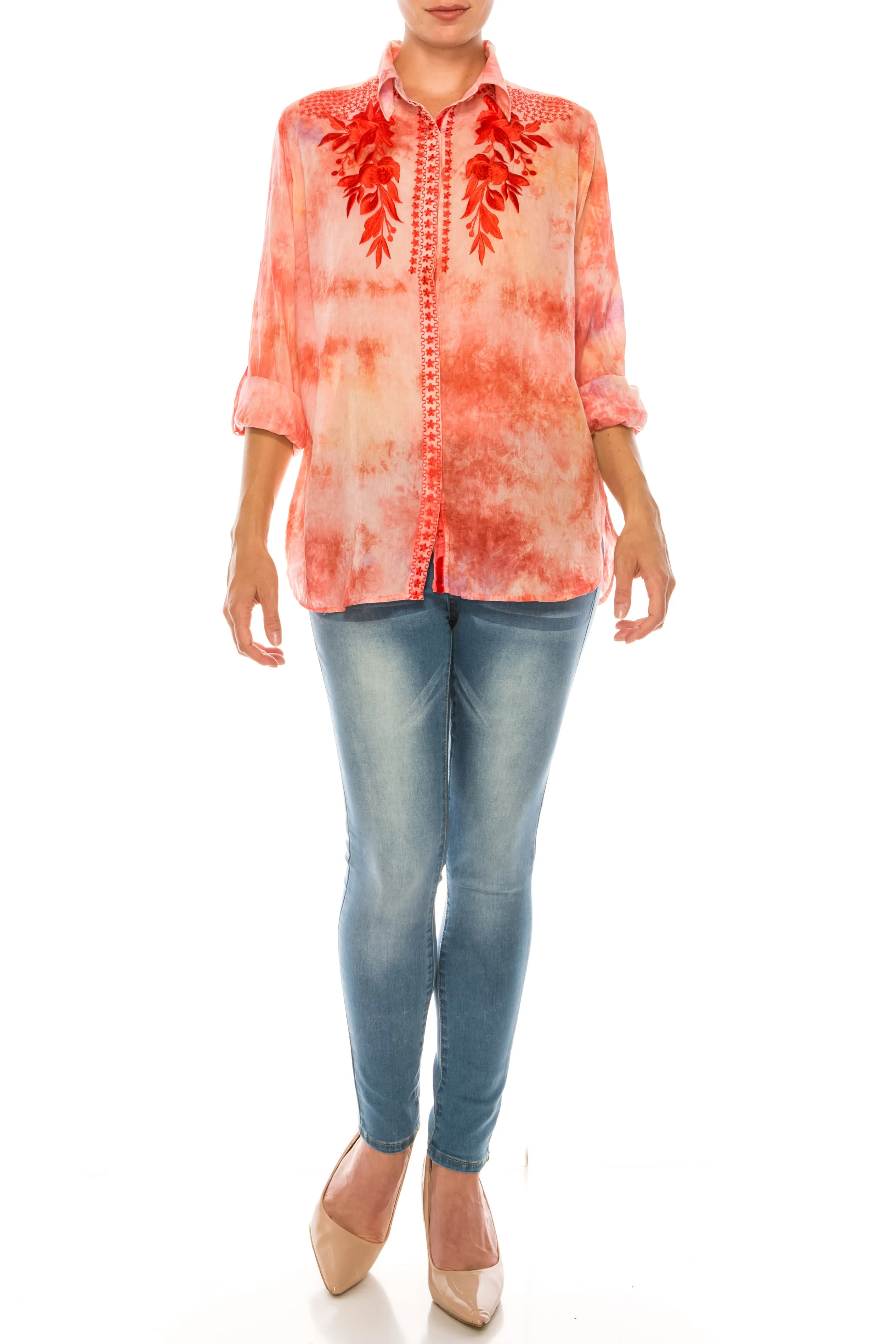 Floral Printed Button-Down Shirt with Colorful Embroidery