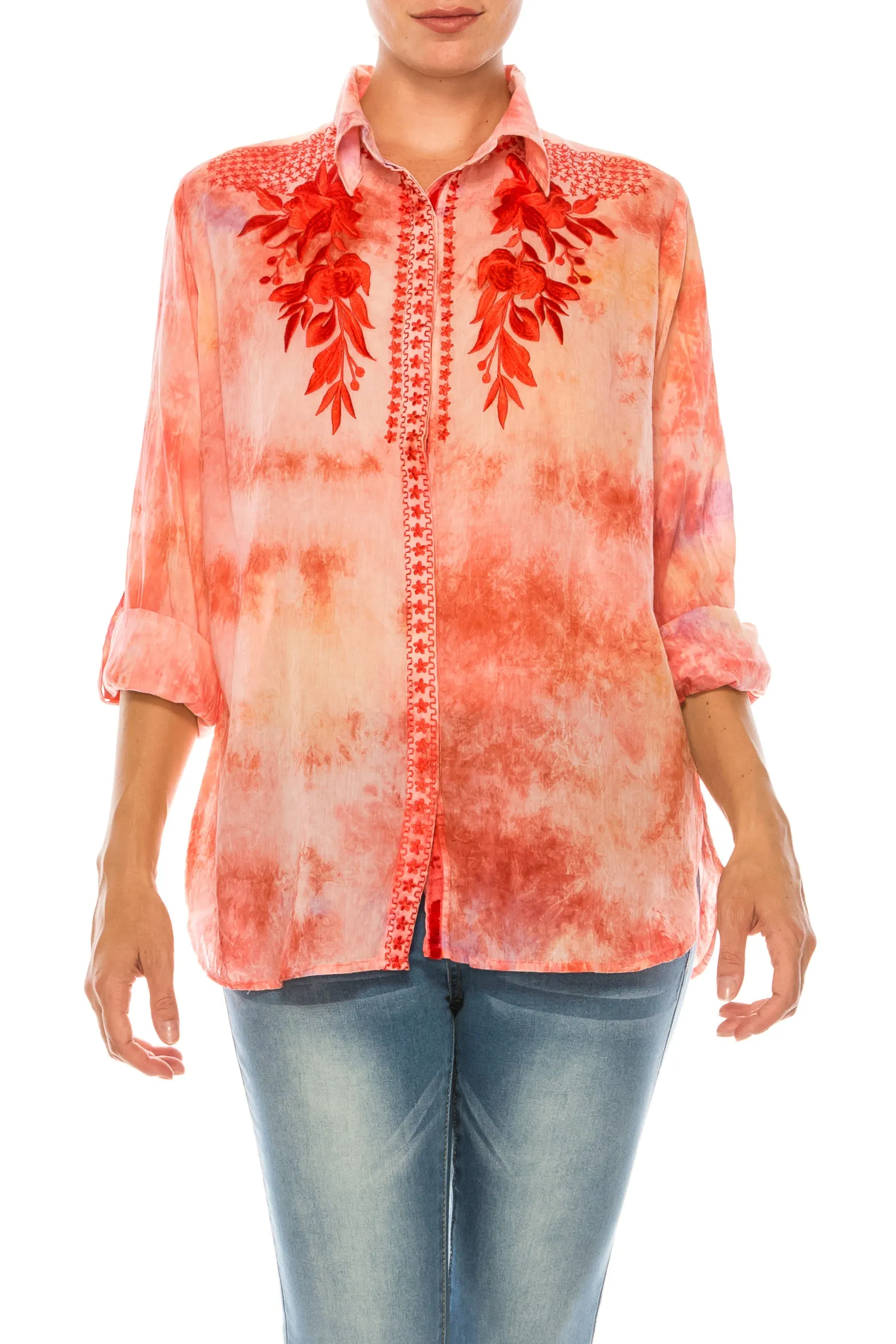 Floral Printed Button-Down Shirt with Colorful Embroidery