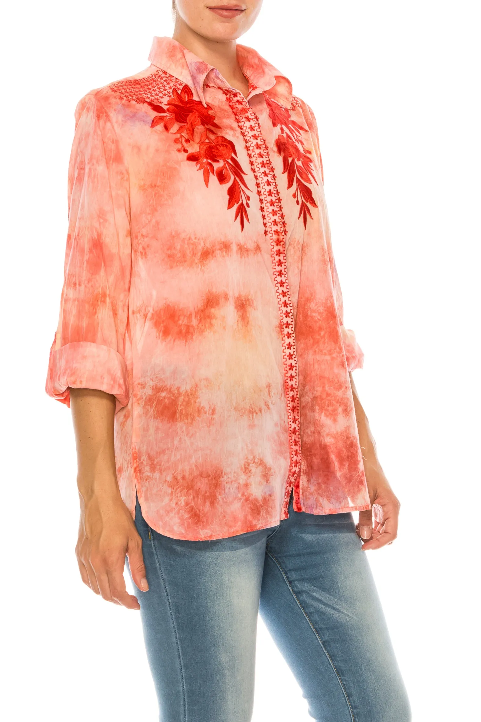 Floral Printed Button-Down Shirt with Colorful Embroidery