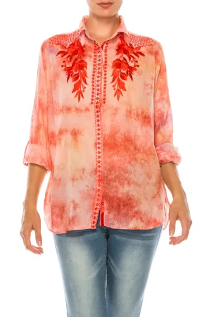Floral Printed Button-Down Shirt with Colorful Embroidery