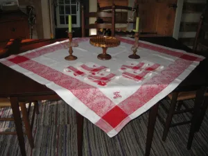 French Linen Damask in Deep Red and White - Cloth and 6 Napkins