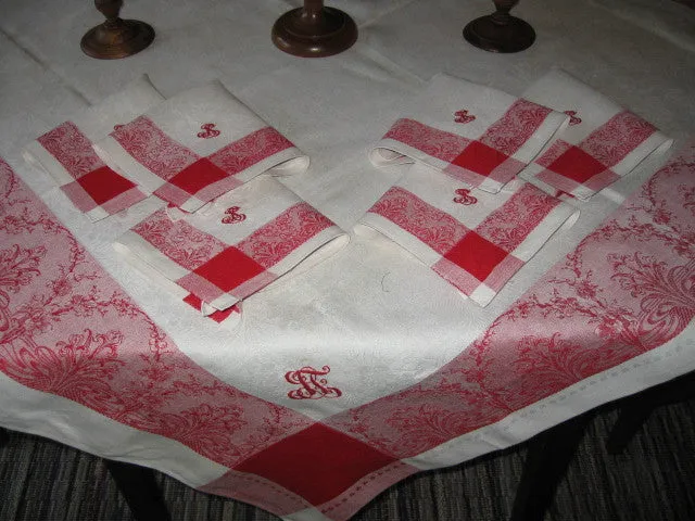 French Linen Damask in Deep Red and White - Cloth and 6 Napkins
