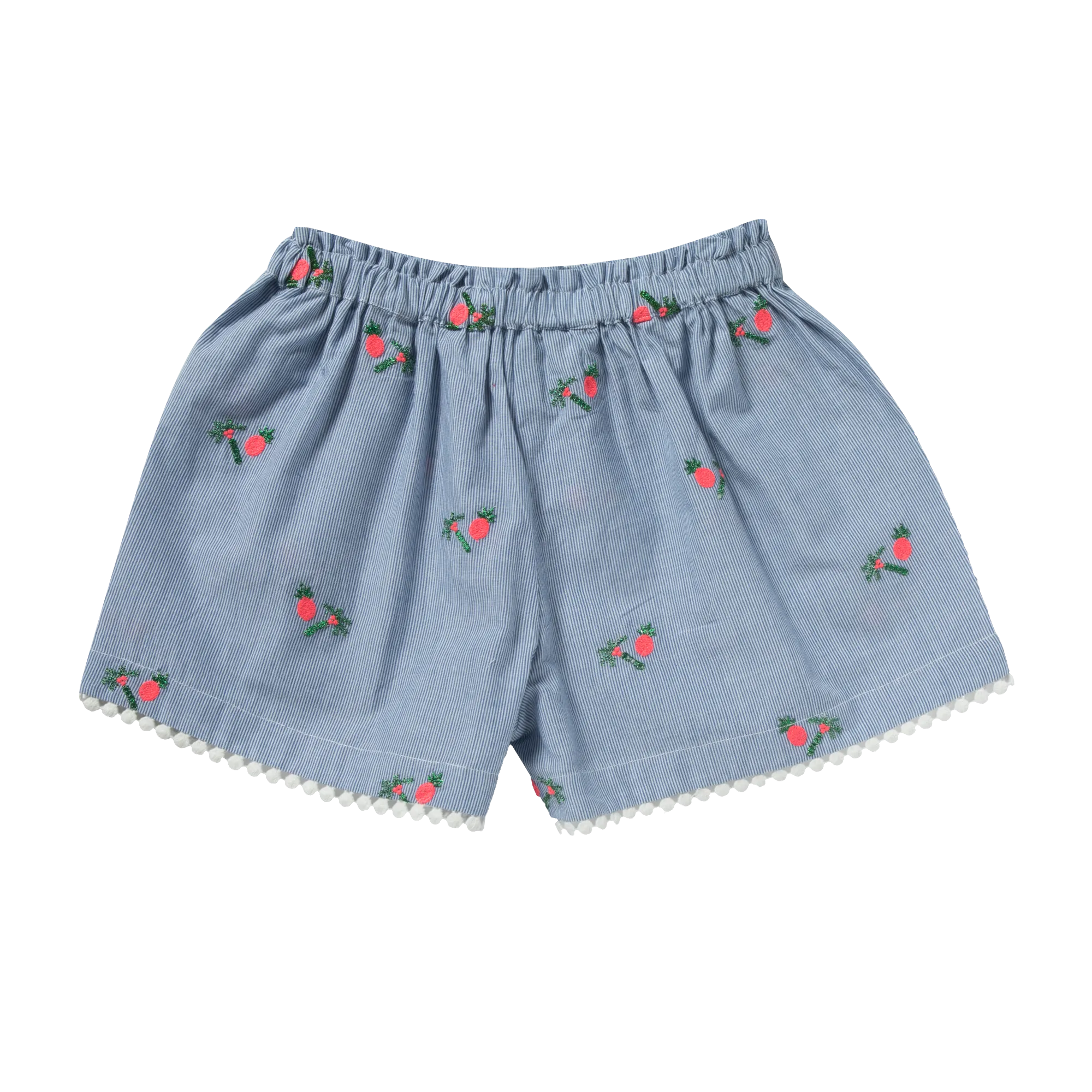 Girls Coco Palm Stripy Blue  Embroidered Shorts