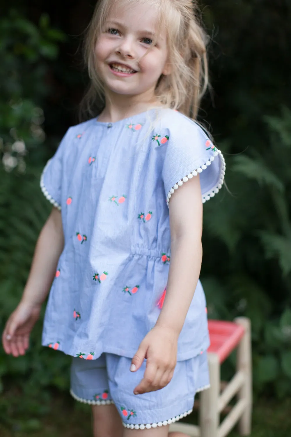 Girls Coco Palm Stripy Blue  Embroidered Shorts