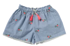 Girls Coco Palm Stripy Blue  Embroidered Shorts