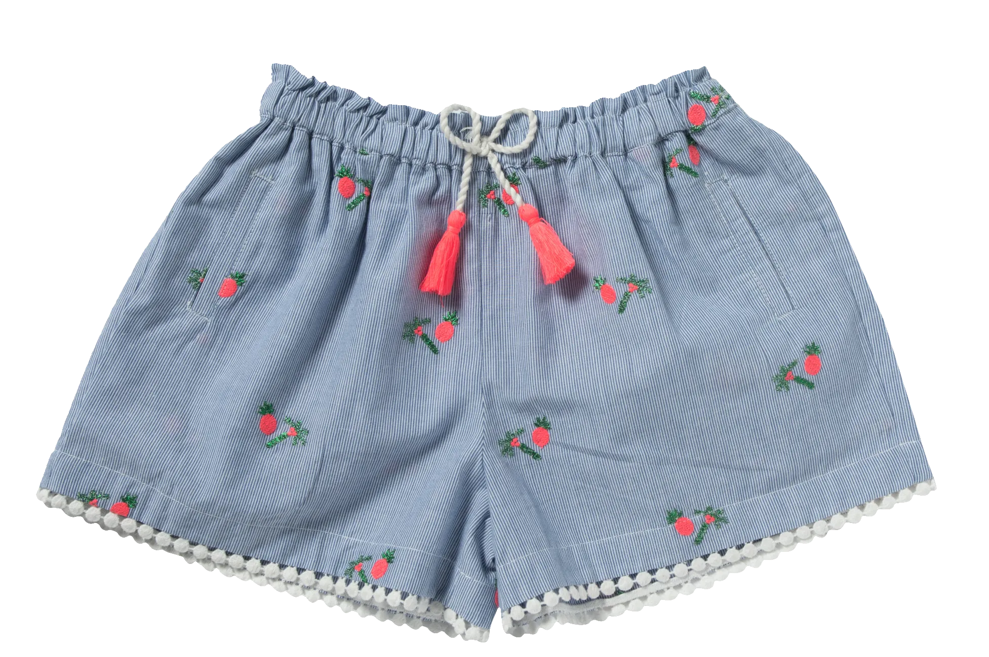 Girls Coco Palm Stripy Blue  Embroidered Shorts