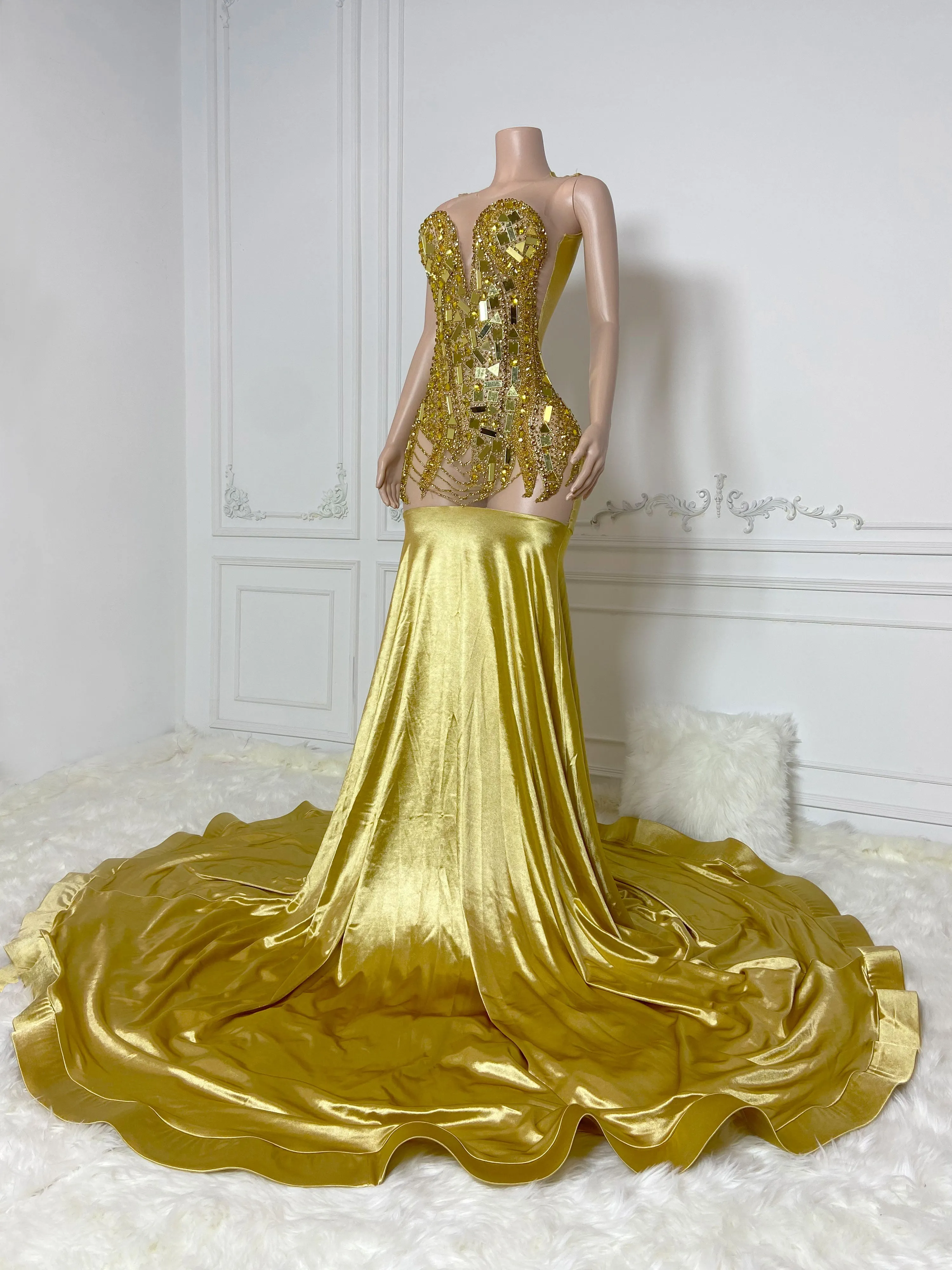 Gold Rhinestone See-Through Maxi Gown
