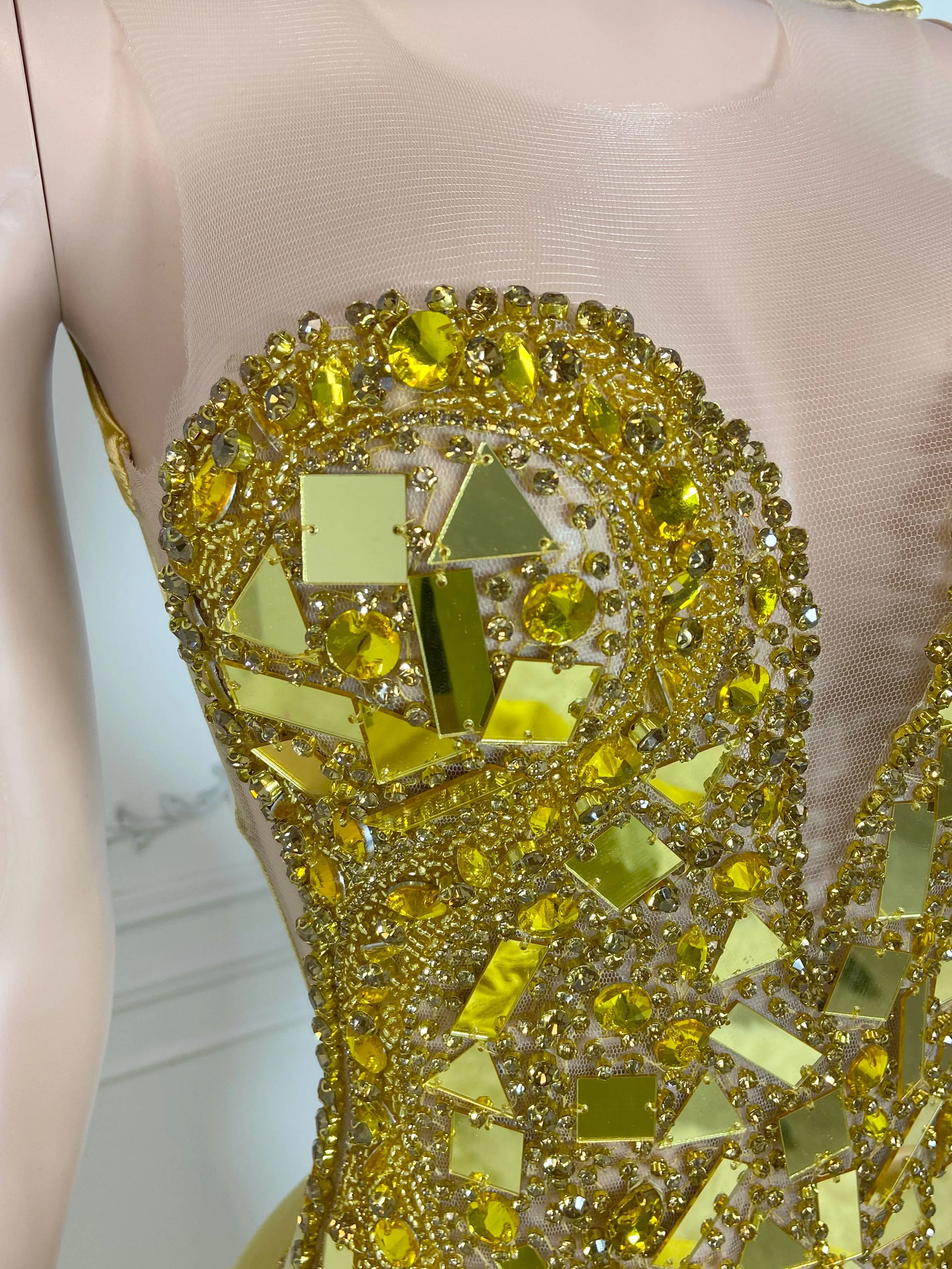 Gold Rhinestone See-Through Maxi Gown