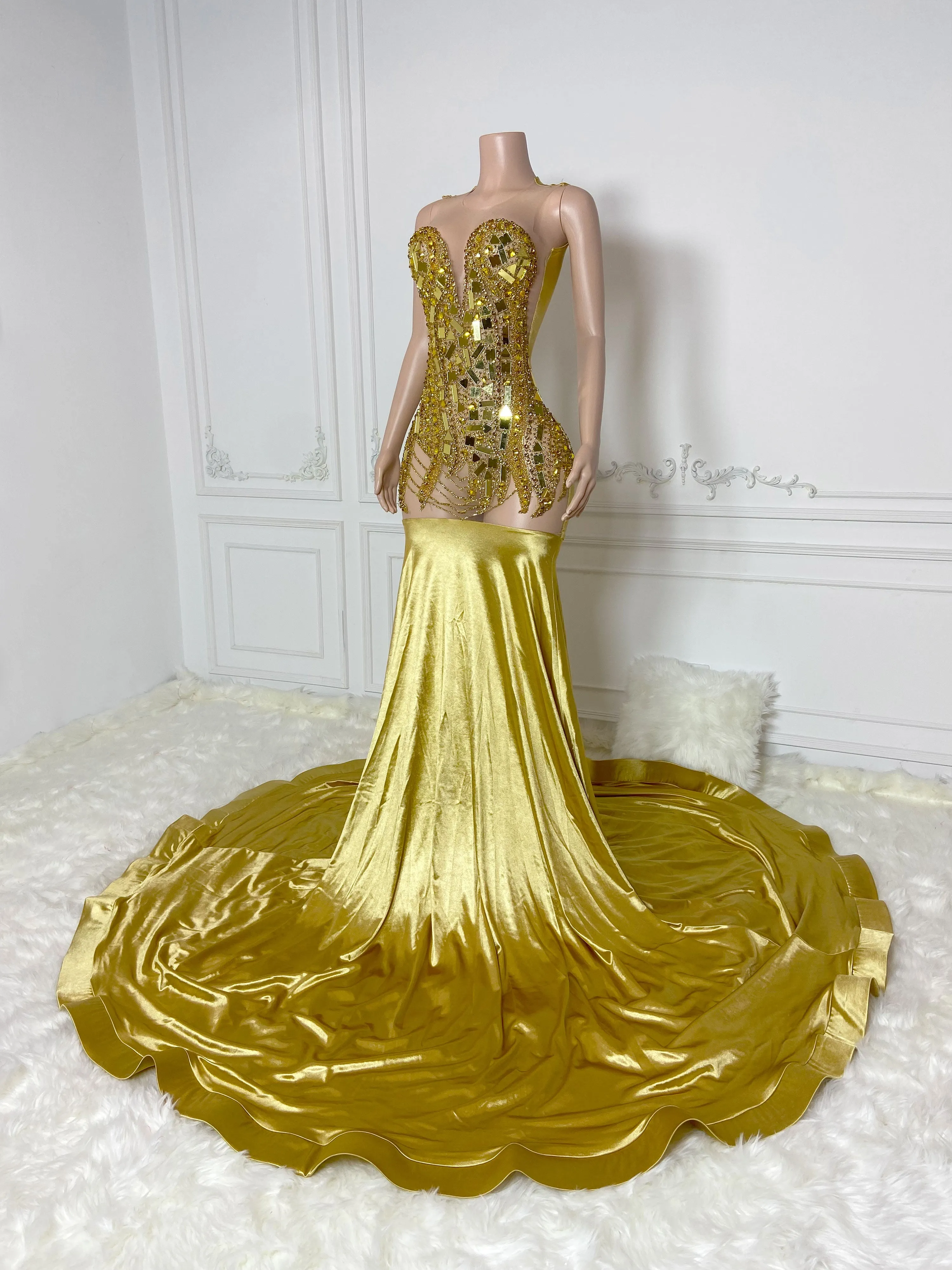 Gold Rhinestone See-Through Maxi Gown
