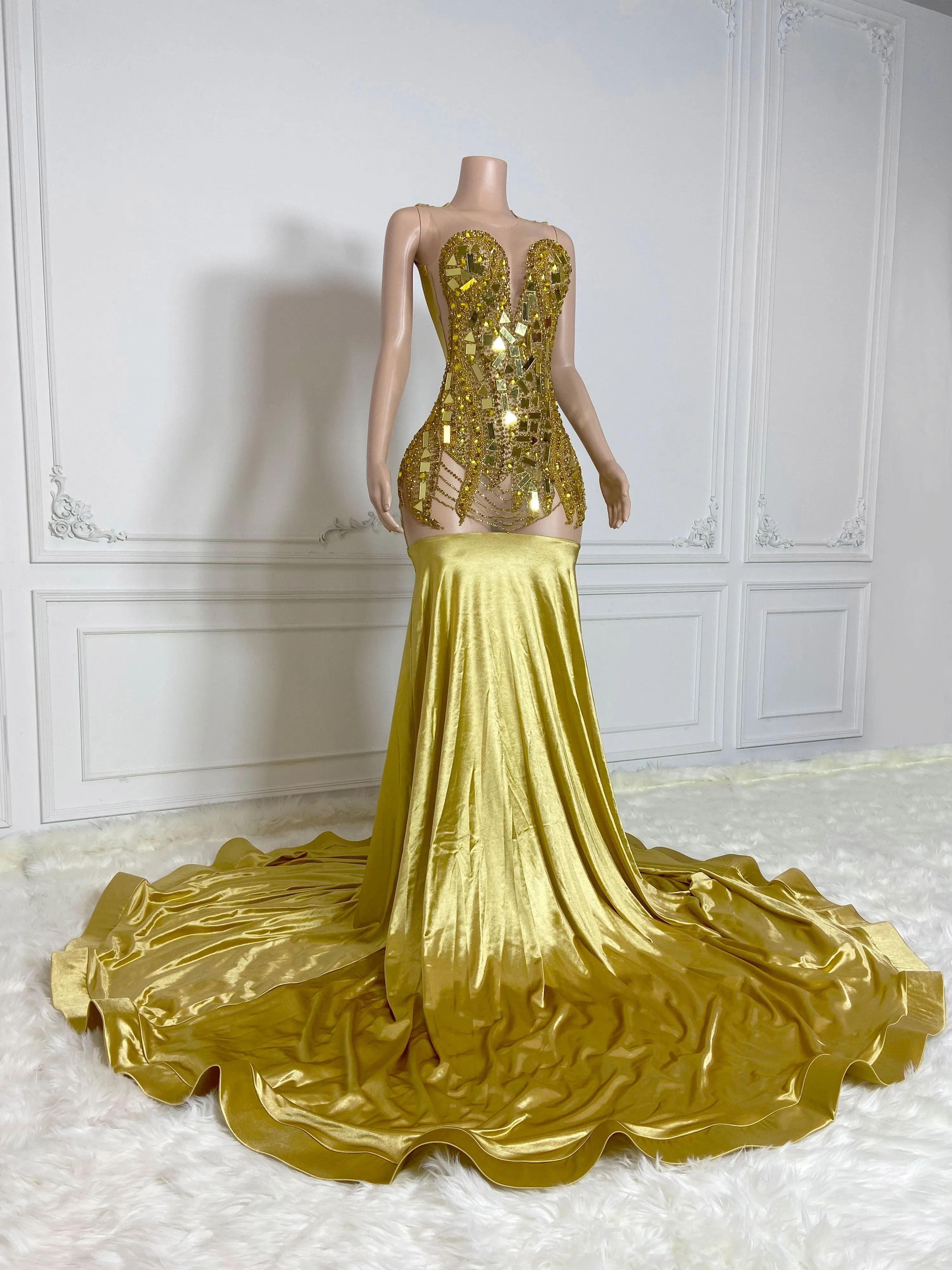 Gold Rhinestone See-Through Maxi Gown