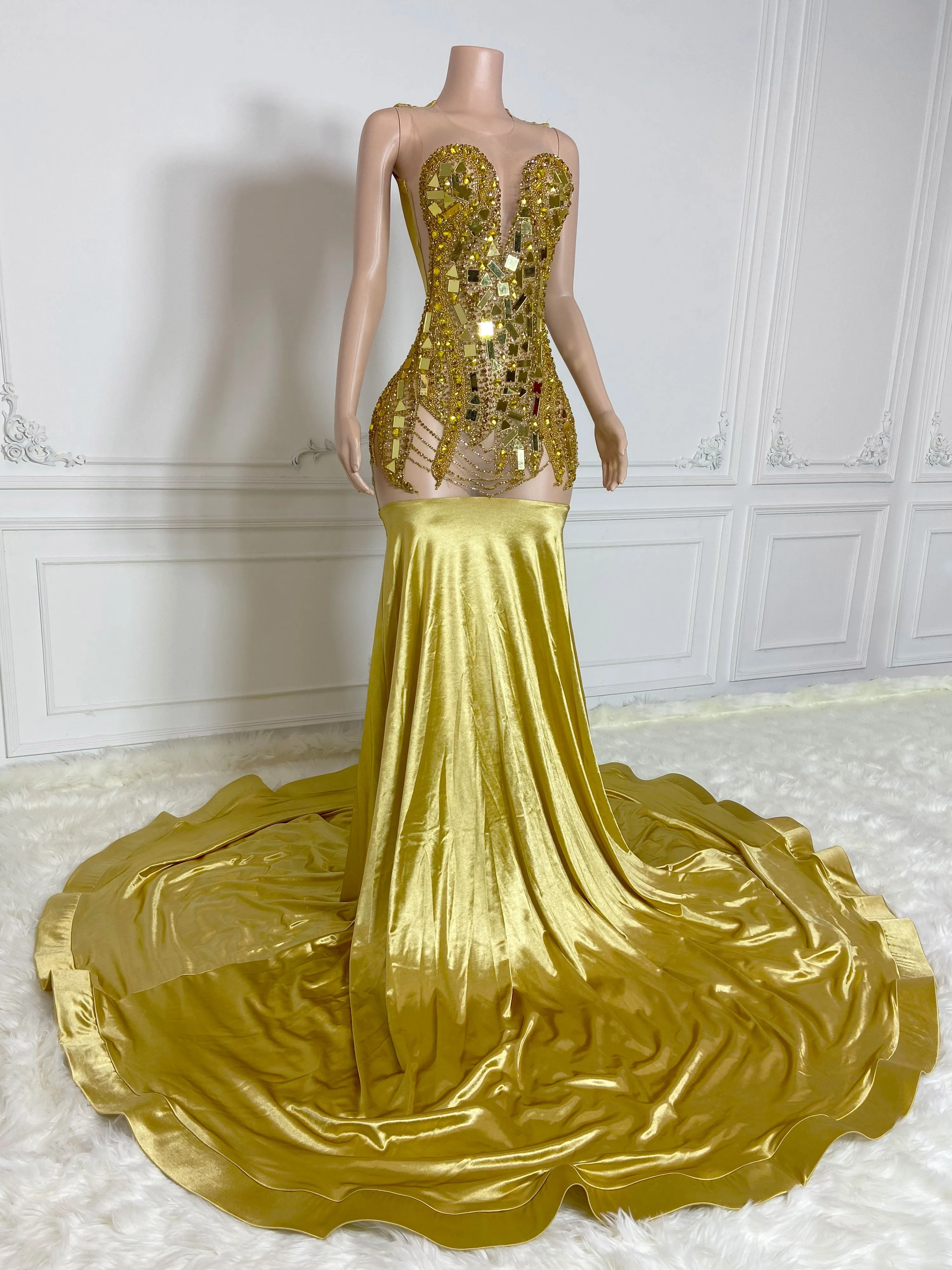 Gold Rhinestone See-Through Maxi Gown