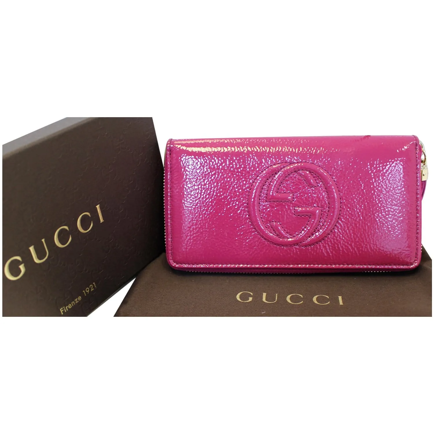 GUCCI Soho Interlocking G Leather Zip Around Wallet Fuchsia