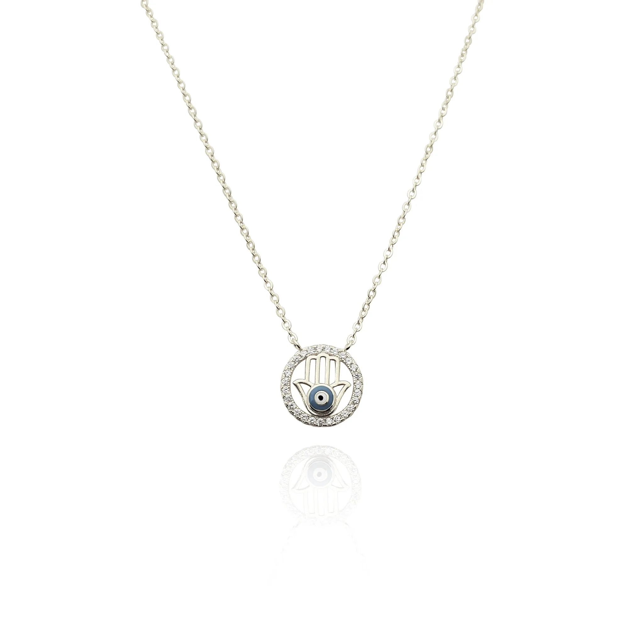 Hamsa Rounded CZ Necklace (Silver)