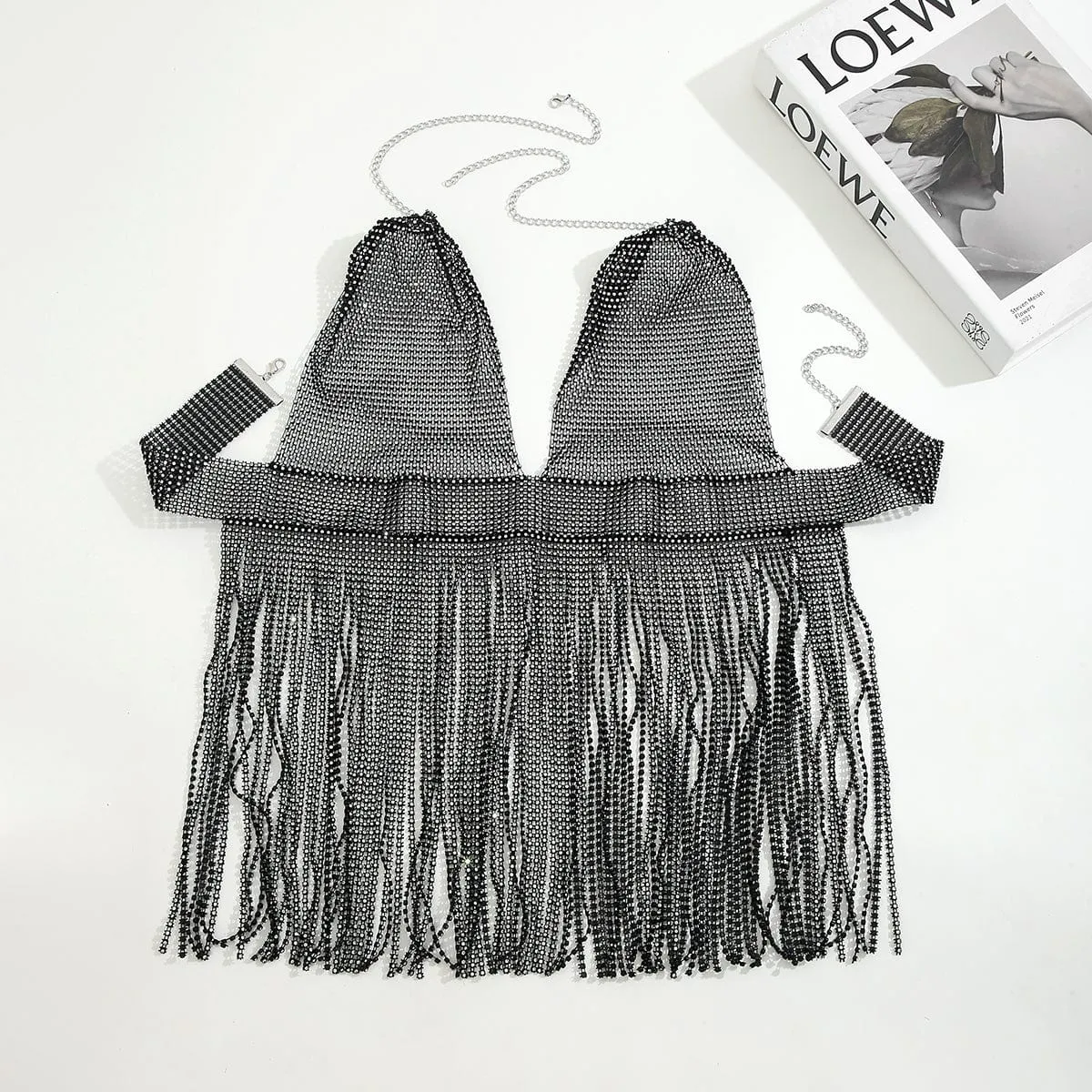 Handmade Bling Rhinestone Fishnet See Through Mesh Tassel Bra