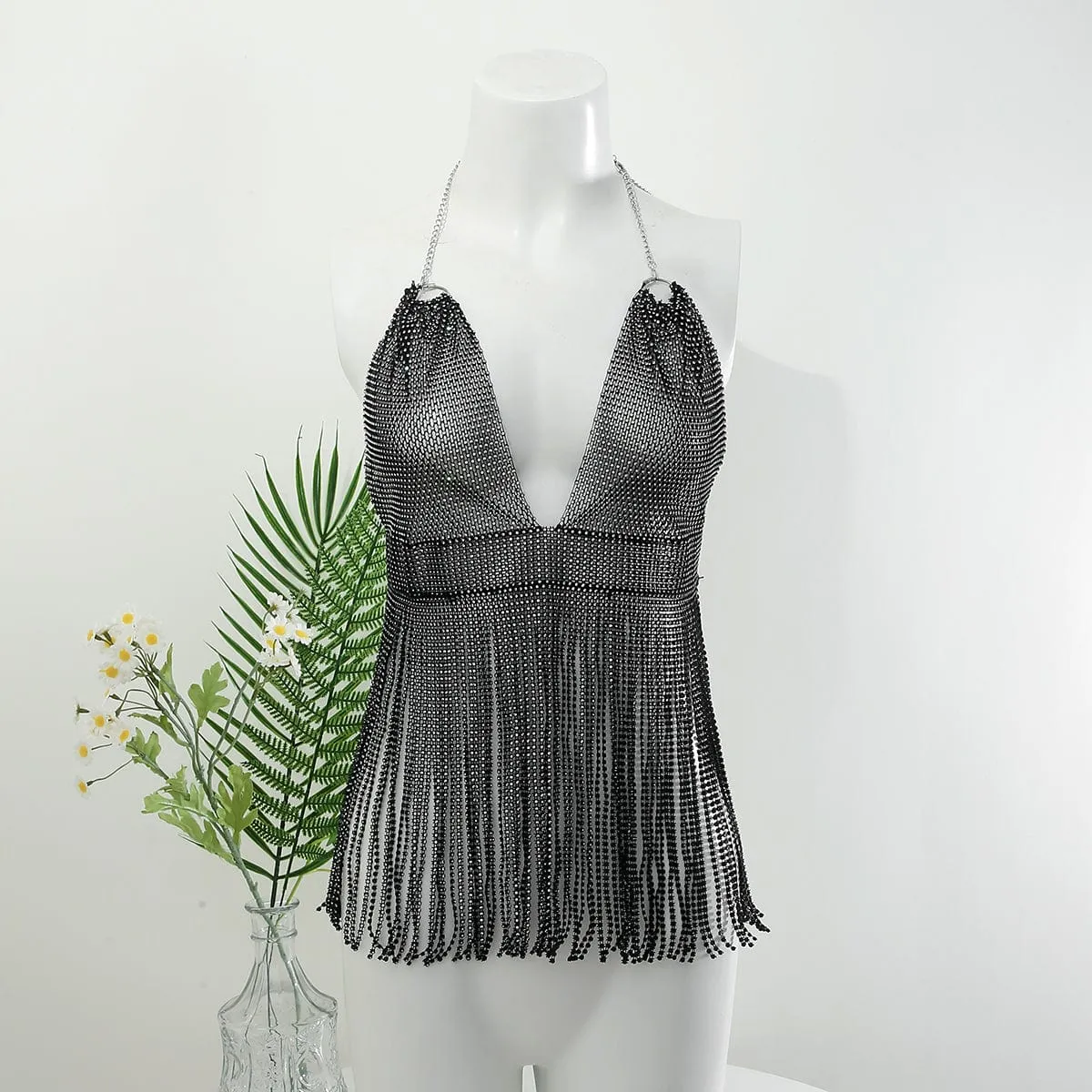 Handmade Bling Rhinestone Fishnet See Through Mesh Tassel Bra