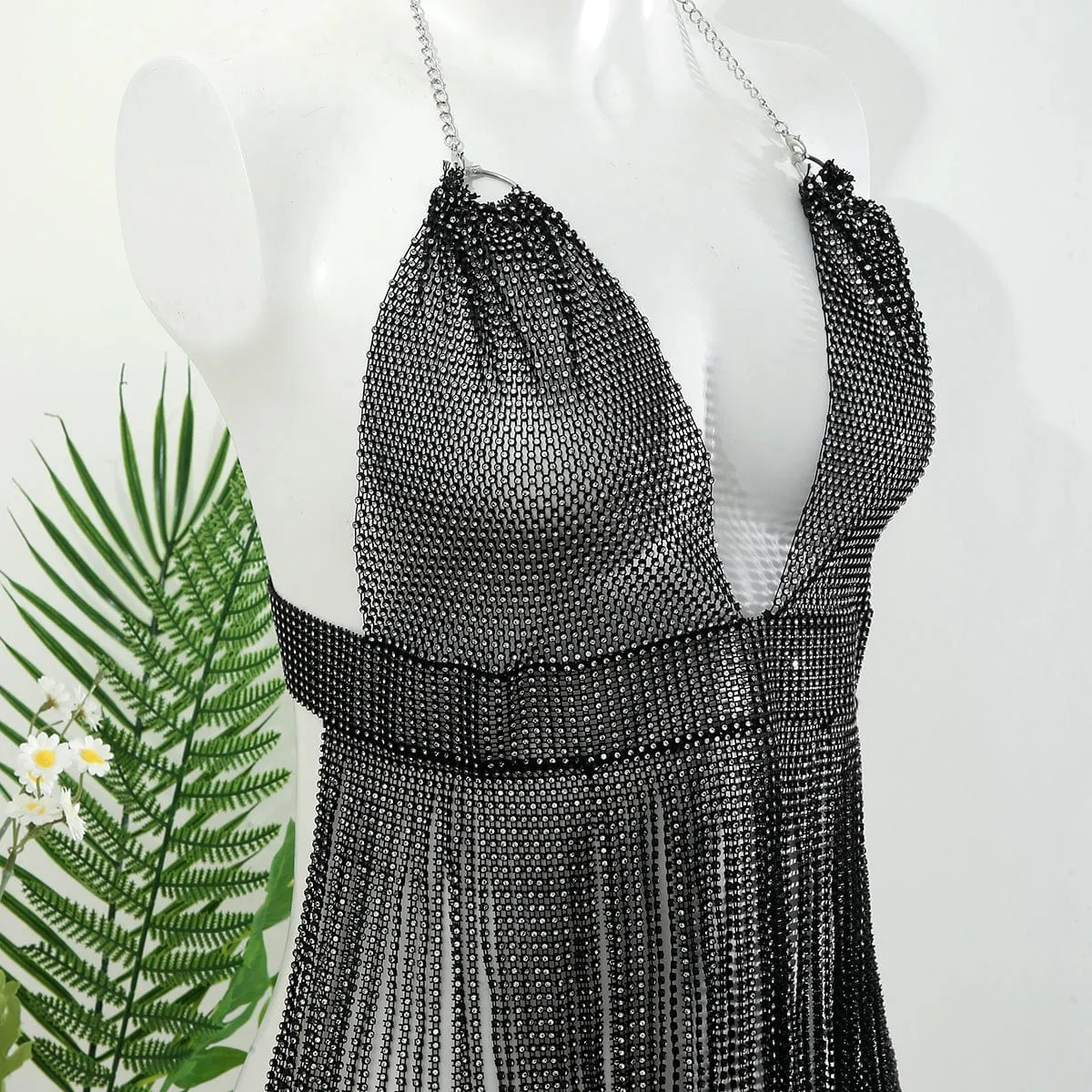 Handmade Bling Rhinestone Fishnet See Through Mesh Tassel Bra