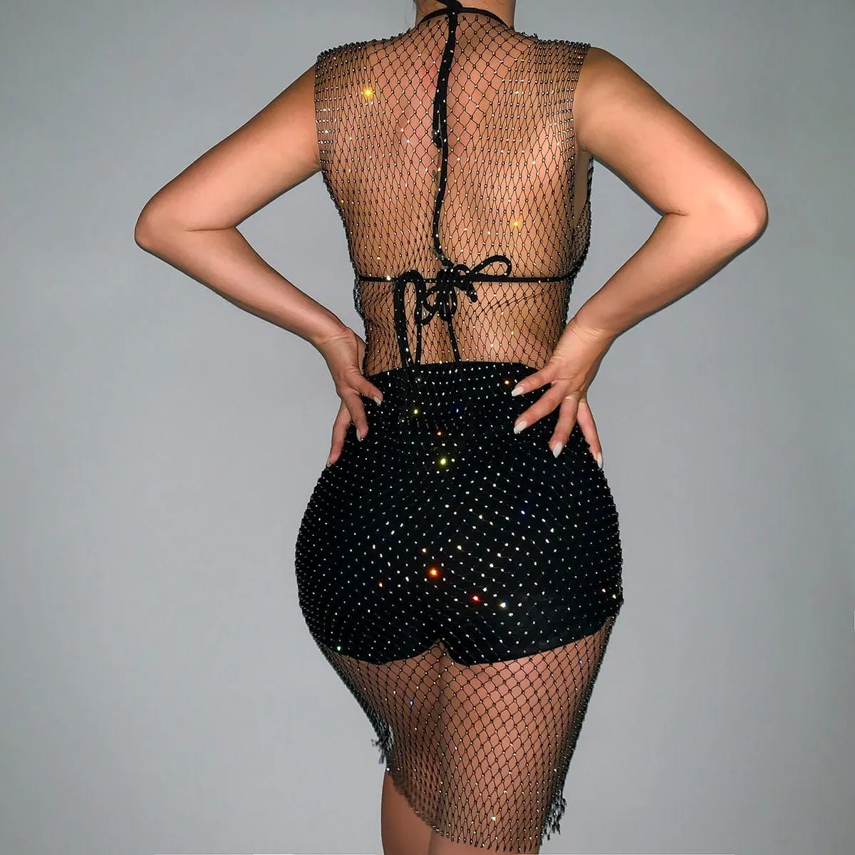 Handmade Rhinestone Fishnet See Through Mesh Cover Up Dress