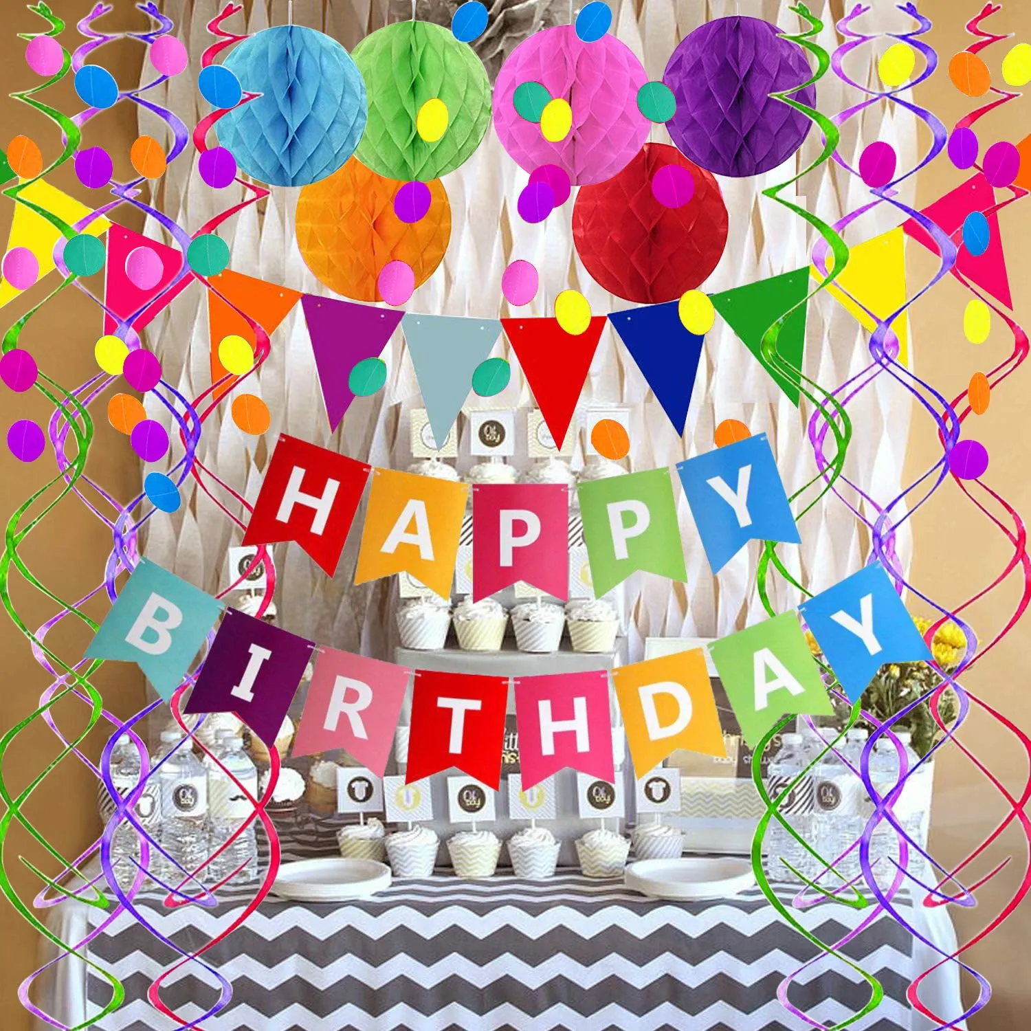 Happy Birthday Banner with Colorful Paper Flag Bunting Paper Circle Confetti Garland Swirl Streamers Honeycomb Ball for Birthday Party by Fecedy