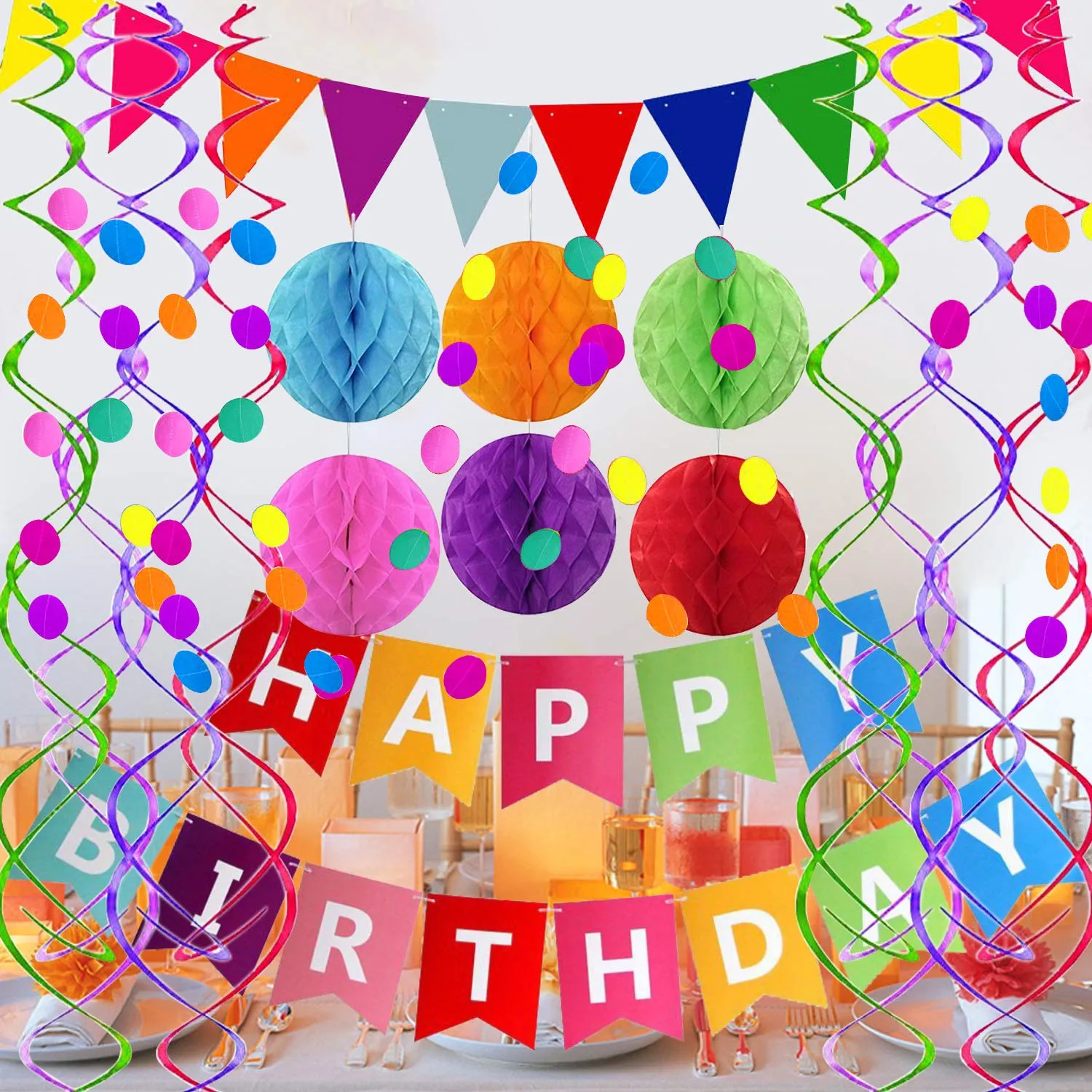 Happy Birthday Banner with Colorful Paper Flag Bunting Paper Circle Confetti Garland Swirl Streamers Honeycomb Ball for Birthday Party by Fecedy
