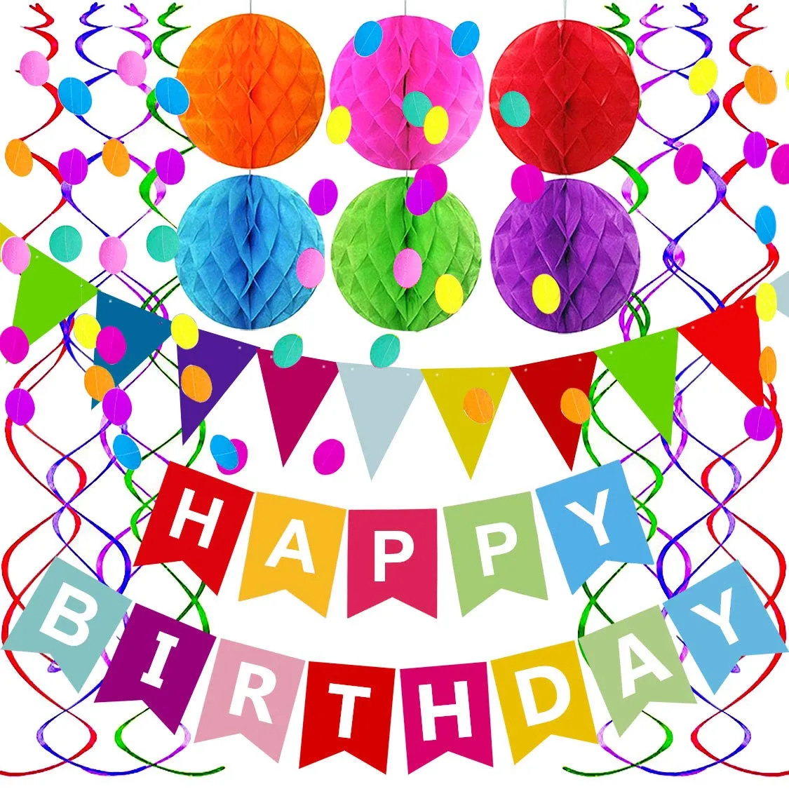 Happy Birthday Banner with Colorful Paper Flag Bunting Paper Circle Confetti Garland Swirl Streamers Honeycomb Ball for Birthday Party by Fecedy