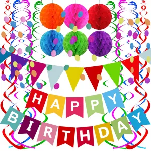 Happy Birthday Banner with Colorful Paper Flag Bunting Paper Circle Confetti Garland Swirl Streamers Honeycomb Ball for Birthday Party by Fecedy