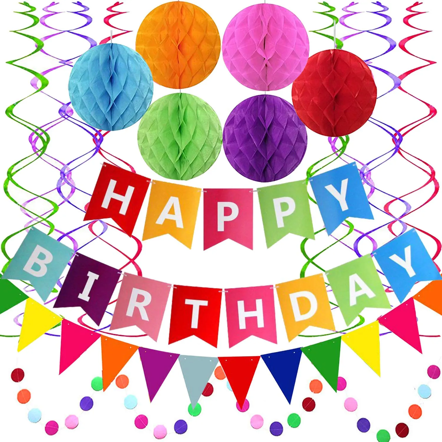 Happy Birthday Banner with Colorful Paper Flag Bunting Paper Circle Confetti Garland Swirl Streamers Honeycomb Ball for Birthday Party by Fecedy