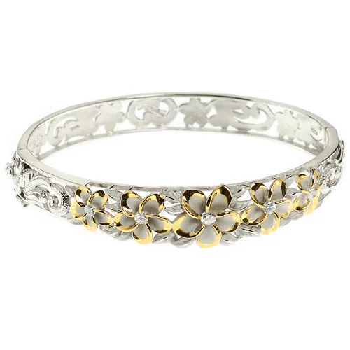 Hawaiian Jewelry 10-15mm 7 Plumeria Rhodium Bangle PG