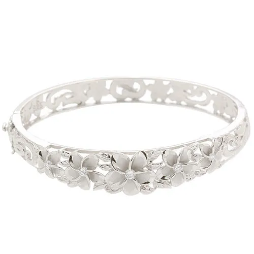 Hawaiian Jewelry 10-15mm 7 Plumeria Rhodium Bangle PG