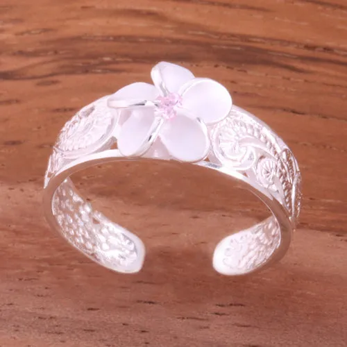 Hawaiian Scroll See Through 8mm Plumeria with Pink CZ Toe Ring