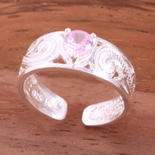 Hawaiian Scroll See Through with Pink Heart CZ Toe Ring