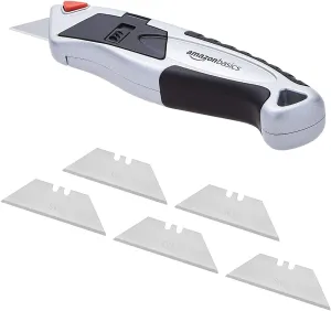 Heavy Duty Retractable Utility Knife with 3-Position Locking Blade, Auto-Load, Ergonomic Handle, 5 Replacement Blades