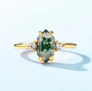 Hexagon Moss Agate Ring