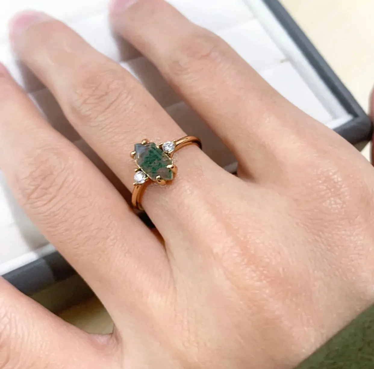 Hexagon Moss Agate Ring