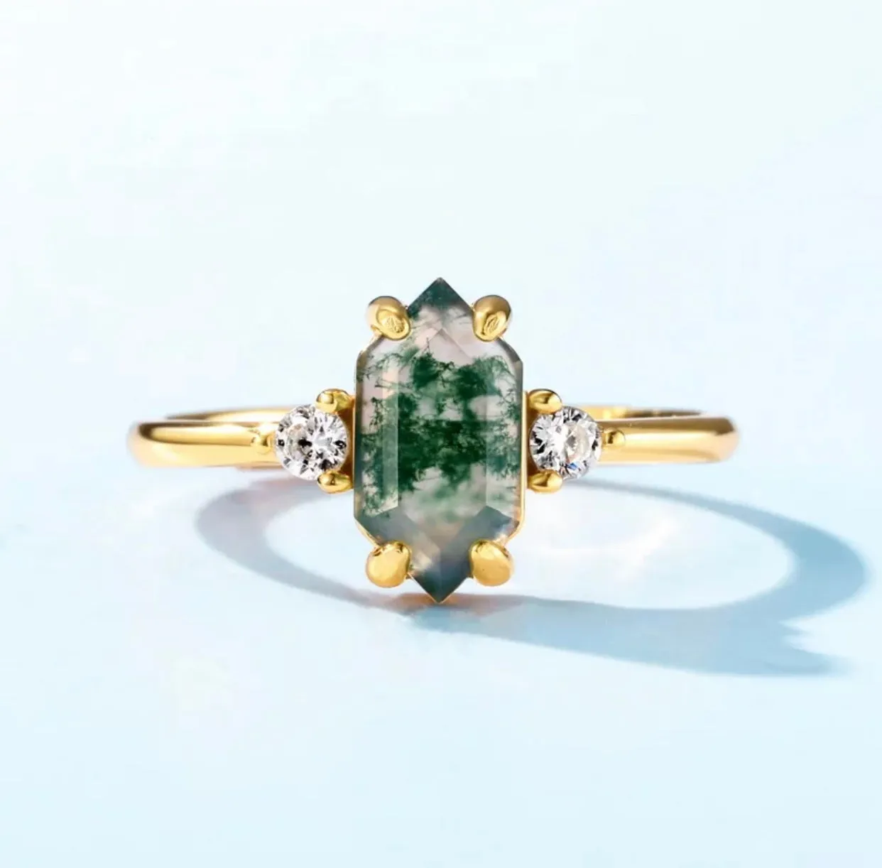 Hexagon Moss Agate Ring