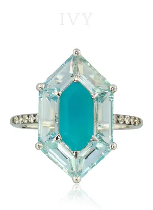 Hexagonal Ring with Chrysocolla and Aquamarines