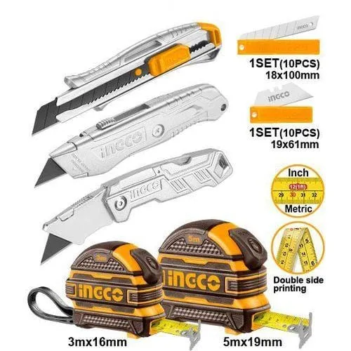 Ingco 7 Pieces Steel Measuring Tape & Utility Knife Set - HMK23036